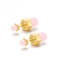 wholesale S925 Sterling Silver Gold-Plated Cross-Border New Fashion Minimalist Natural Pink Crystal Hexagonal Stud Earrings for Women Wholesale-Natural Rose Quartz &gt;925 Silver