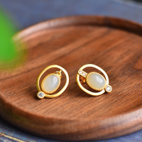 wholesale Gold-Plated 925 Silver Openwork Hollow Out Hetian Jade Earrings Hanfu Cheongsam Vintage Earrings Cabochon Gemstone Earrings-Gold-plated Hetian jade egg-shaped earrings 925 silver