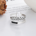 wholesale S925 Silver Retro Vintage Three-Layer Twist Pearl Drip Resin Trendy Design Open Adjustable Ring-0-1