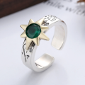 wholesale S925 Sterling Silver Retro Cool Graffiti Sunflower Inlaid Round Gemstone Heart Adjustable Ring-0-1