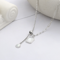 wholesale S925 Sterling Silver Korean-style Beaded Round Chain Small Square Pendant with White Mother-of-Pearl Fringe Trendy Necklace-YL477/approx. 8.3g>925 silver