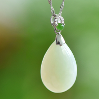 wholesale Sterling Silver with Certificate, Pear-Shaped Hetian Jade Pendant, Niche Design, Minimalist Gemstone Collarbone Necklace, Gift for Girlfriend-Jadeite Buckle Teardrop Pendant (without chain)  925 Silver