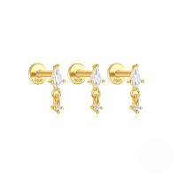 wholesale S925 Sterling Silver Flatback Threader Ear Piercing Jewelry Set With Exquisite Rhombus Zircon, Three-piece。-3pcs set gold#1