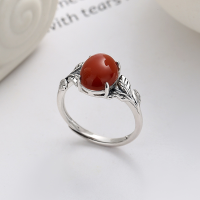 wholesale S925 Sterling Silver Retro Vintage Rustic Style Leaf Three-Dimensional Design with Southern Red Agate Openable Ring-YFJ898/approx. 2.6g Adjustable opening