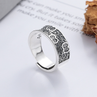 wholesale S925 Sterling Silver Vintage Wide Band Ring with Intricate Floral Engraving and Palace Style Carved Patterns for Index Finger-1087J/approx. 6.5g Adjustable opening
