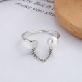 wholesale S925 Sterling Silver Korean-style Elegant Thin Chain Spliced Pearl Letter H Open Adjustable Index Finger Ring for Women-0-1