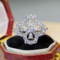 wholesale S925 Sterling Silver Four-Leaf Clover Ring, HW-Style Affordable Alternative, Set with Zirconia and High-Carbon Diamonds, Luxury Live-Streaming Hit-White-CBJZ170>7