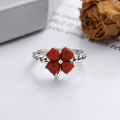 wholesale S925 Sterling Silver Retro Creative South Red Agate Four-Leaf Clover Design Open Adjustable Ring Classic Fashion Band-0-1