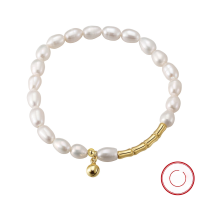 wholesale S925 Sterling Silver Bracelet with Small Bell Pendant and Natural Baroque Pearls, French Retro Style-14K gold, elastic cord 925 silver