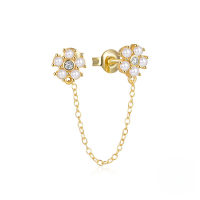 wholesale 925 Silver Floral Zircon Accent Pearl Chain Tassel Drop Earrings-Single gold-pearl 925 silver