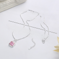 wholesale S925 sterling silver pink and green square sugar-shaped zirconia necklace, fashionable and versatile for commuting, lightweight luxury style, elegant collarbone chain-0-2