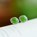 wholesale 925 Sterling Silver with Hetian Jade Inlaid Earrings, Simple Ancient Style Natural Cabochon Green Jade Stud Earrings for Women-0-3