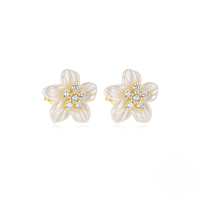 wholesale S925 Sterling Silver Acrylic Hollow-out Petal Flower Earrings With Pearl, Korean Style Inlaid Crystals, Exquisite And Unique Design-Gold#3 925 Silver