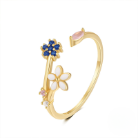 wholesale S925 Sterling Silver Floral Love Open Ring With Zircon And Opal, Korean Style Luxury Ins Small Trendy Index Finger Ring-Gold#3 Opening adjustable