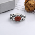 wholesale S925 sterling silver vintage oxidized craft 3D rose pattern inlaid with southern red agate adjustable ring-0-1