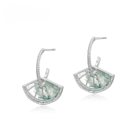 wholesale S925 sterling silver platinum-plated, new Chinese retro fan-shaped green moss ear studs, advanced feel, wholesale and customization-Thick Silver Platinum 925 Silver