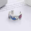wholesale S925 Sterling Silver Retro Vintage Matte Craft Resin Enamel Lotus Koi Fish Double Fish Adjustable Ring-0-3