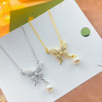 wholesale S925 Sterling Silver Butterfly Diamond-Encrusted Tassel Freshwater Pearl Necklace Fashion Minimalist Niche Luxury Sense Collarbone Chain-Butterfly Pearl Necklace - White Gold &gt; 925 Silver