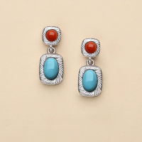 wholesale Metal French Vintage Natural Turquoise Geometric Earrings, Minimalist Niche High-End Royal Style Earrings-Turquoise and Red Carpet Earrings 925 Silver