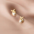 wholesale S925 silver sweet pearl earrings small cross line with diamonds simple summer women's earrings G8965-0-0