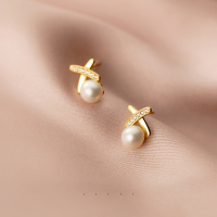 wholesale S925 silver sweet pearl earrings small cross line with diamonds simple summer women's earrings G8965-S925 silver pair silver>925 silver
