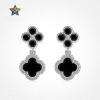 wholesale S925 Sterling Silver Live Stream New Product, Four-Leaf Clover Black Onyx Inlaid Ear Studs with Silver Needle for Women, Small and Luxurious-Platinum DY1D0420-SW-BK 925 Silver