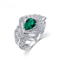 wholesale S925 Silver Cross-border Custom Feather Cultivated Emerald Index Ring European and American Style Cultivated Colored Gemstone Ring Wholesale-Cultivated Emerald Adjustable opening