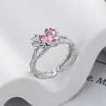 wholesale S925 Sterling Silver Double-Layer Textured Pink Diamond Heart Open Ring, Trendy and Light Luxury Korean Style Design Index Finger Ring-0-0