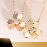 wholesale 18k Rose Gold Diamond Petal Clover Necklace for Women, Single Diamond Lucky Charm Flower Pendant Collarbone Chain New Style-18K gold 38+2+3