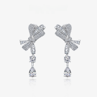 wholesale S925 Sterling Silver 1-Carat Teardrop 6*9 Luxury Fully Diamond-Studded Bow Earrings, European and American Export Live Stream Same Style-White【E-0225】 925 silver