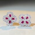wholesale S925 Sterling Silver Four-Leaf Clover Earrings for Women with Ruby, Ins Style Small and Unique Design Earrings-0-0