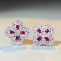 wholesale S925 Sterling Silver Four-Leaf Clover Earrings for Women with Ruby, Ins Style Small and Unique Design Earrings-White Diamond-ED002