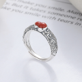 wholesale S925 Sterling Silver Vintage Retro Chinese Style Gourd-shaped Red Agate Auspicious Cloud Pattern Adjustable Ring-0-0