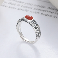 wholesale S925 Sterling Silver Vintage Retro Chinese Style Gourd-shaped Red Agate Auspicious Cloud Pattern Adjustable Ring-YJ1142M/approx. 4.3g Adjustable opening