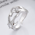 wholesale S925 Sterling Silver Hollow Out Irregular Opening Ring with Zirconia, Light Luxury Style, Niche Design Sense Index Finger Ring-0-0