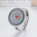 wholesale S925 Sterling Silver Retro Vintage Ethnic Style Shan Gui Cinnabar Red Stone Talisman Ba Gua Coin Adjustable Ring-0-1