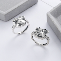 wholesale S925 Sterling Silver Retro Matte Antique Craft Fortune Cat Holding a Banana Leaf Fan Style Adjustable Ring-YJF768/Aged about 5.1g 925 silver