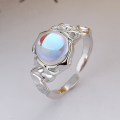 wholesale S925 Sterling Silver Creative Crushed Texture Moonstone Open Ring, Light Luxury Style Elegant Gentle Index Finger Ring-0-1