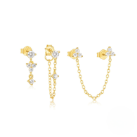 wholesale S925 Sterling Silver Geometric Zirconia Tassel Earring Set With Crystal-embellished Petal Design-Set of 3 - Gold#3 925 Silver