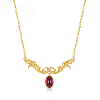 wholesale S925 Sterling Silver Gold-Plated Japanese Exquisite Vintage Natural Garnet Pendant Court-Style Elegant Necklace Wholesale from Manufacturer-10K gold + swimming paint  925 silver