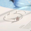 wholesale S925 Silver Cherry Blossom Bracelet for Women, Korean Style Bohemian Personality Artistic Pink Flower Open Bangle-0-2