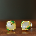 wholesale S925 Silver Inlaid with Hetian Jade Enamel Earrings, New Chinese Style Fashionable Jade Earrings, Small Bamboo Leaf and Bamboo Joint Ear Accessories-0-0