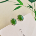 wholesale 925 Sterling Silver with Hetian Jade Inlaid Earrings, Simple Ancient Style Natural Cabochon Green Jade Stud Earrings for Women-0-5
