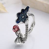 wholesale S925 Sterling Silver Vintage Ethnic Style Enamel Glazed Graceful Lotus Leaf and Bloom Openwork Ring with Tassels-746FJ/approx. 7g Adjustable opening