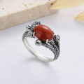 wholesale S925 Sterling Silver Vintage Ethnic Style Lotus Leaf and Pod with Southern Red Inlay Light Luxury Elegant Open Ring-0-1