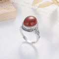 wholesale S925 Sterling Silver Vintage Antique Craft Floral Accent Southern Red Agate Ring Luxury Elegant Band-0-1