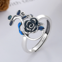 wholesale S925 Sterling Silver Vintage Creative Enamel Plique-à-jour Rose French-Style Exquisite Versatile Open Adjustable Ring-YFJ661/approx. 3.7g 925 silver