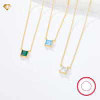 wholesale S925 Sterling Silver Minimalist and Sophisticated Women's Collarbone Necklace with Colored Square Zirconia Pendant, Cross-Border Hot-Sale Jewelry-Gold blue 925 silver