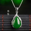 wholesale Retro 925 sterling silver pendant with certificate, inlaid with teardrop-shaped green jade, fashionable Hetian jade bamboo knot necklace for women-0-0