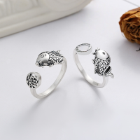wholesale S925 Sterling Silver Auspicious Fu Character Koi Fish Open Ring Vintage Ethnic National Trendy Index Finger Ring-1026FJ/polished about 3.1g>Opening adjustable